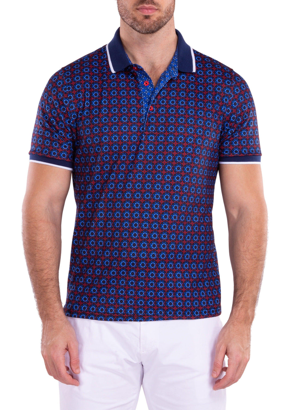 Moroccan Kaleidoscope Pattern Printed Polo Shirt Navy