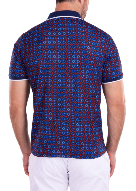 Moroccan Kaleidoscope Pattern Printed Polo Shirt Navy
