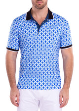 Abstract Cube Pattern Printed Polo Shirt Blue