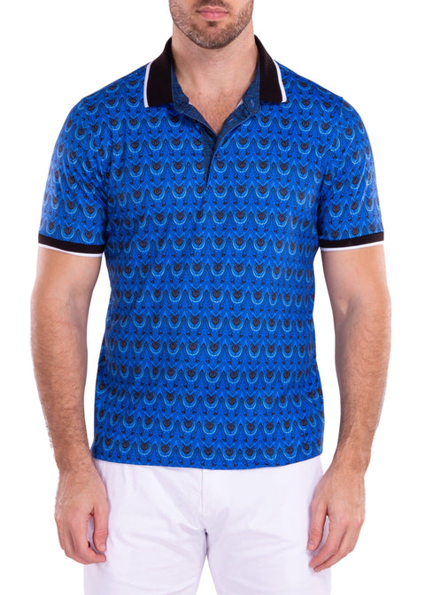 Moroccan Paisley Pattern Printed Polo Shirt Blue