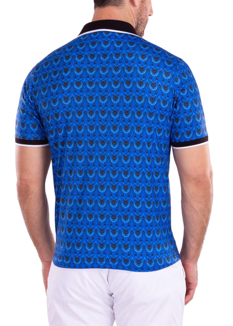 Moroccan Paisley Pattern Printed Polo Shirt Blue