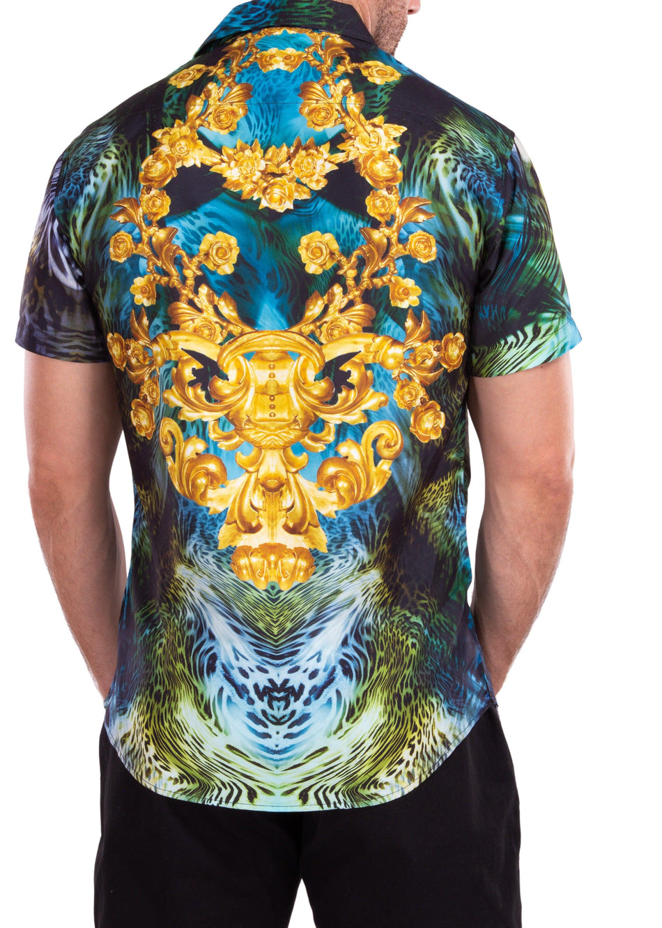 Gold Flourish Trippy Leopard Print Short Sleeve Dress Shirt Green