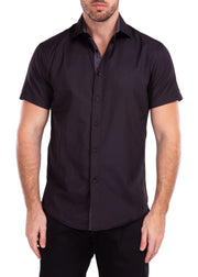 Windowpane Texture Solid Black Button Up Short Sleeve Dress Shirt