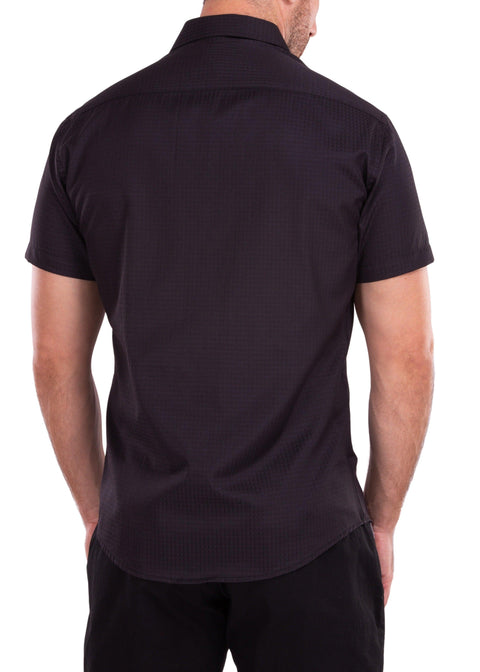 Windowpane Texture Solid Black Button Up Short Sleeve Dress Shirt