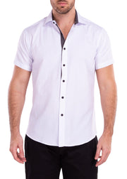 Windowpane Texture Solid White Button Up Short Sleeve Dress Shirt