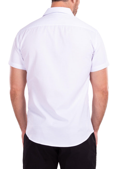 Windowpane Texture Solid White Button Up Short Sleeve Dress Shirt
