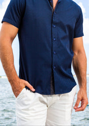 Paisley Texture Solid Navy Button Up Short Sleeve Dress Shirt