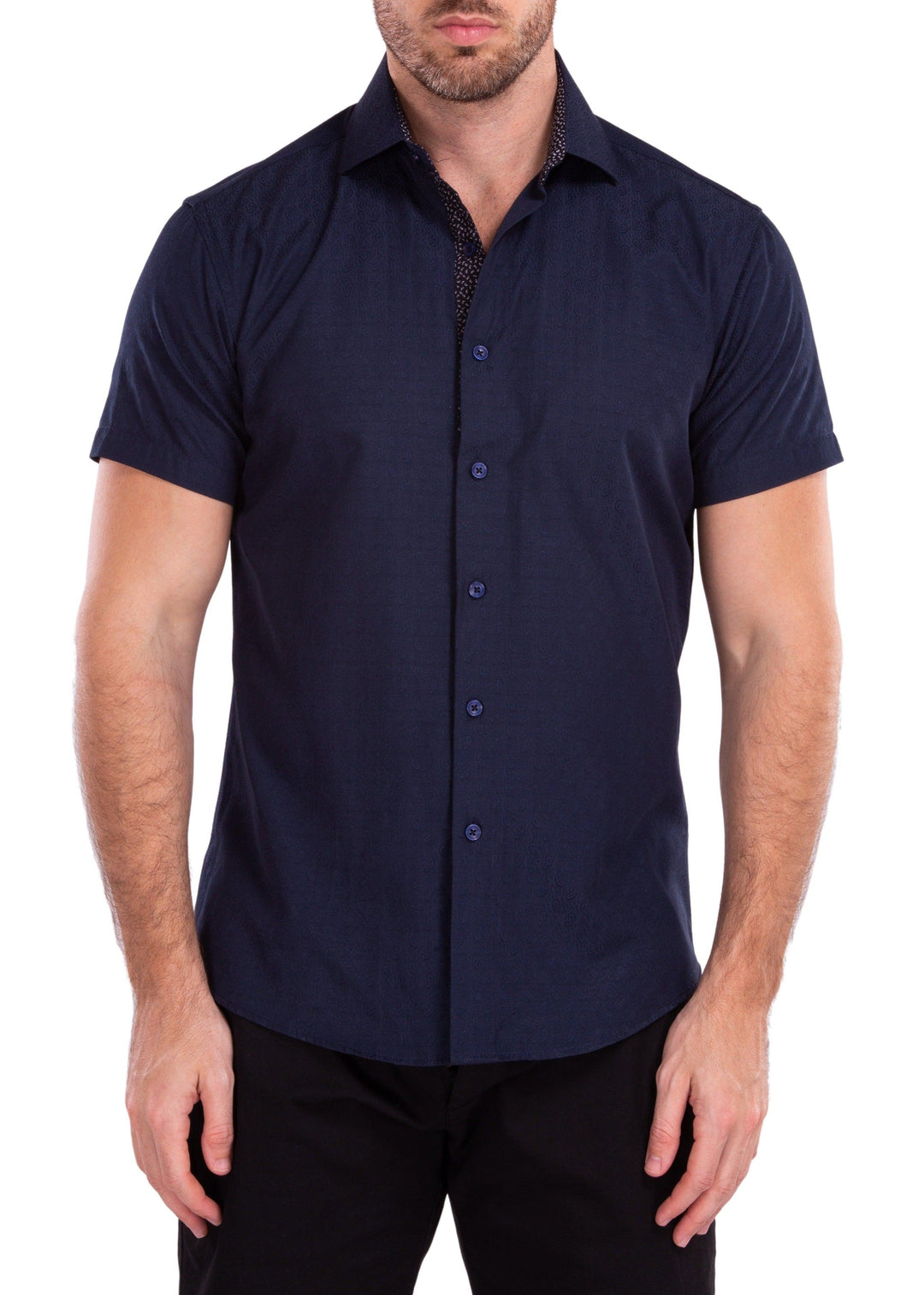 Paisley Texture Solid Navy Button Up Short Sleeve Dress Shirt Navy / 4X Paisley Texture Solid Navy Button Up Short Sleeve Dress Shirt Navy / 4X