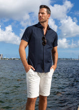 Paisley Texture Solid Navy Button Up Short Sleeve Dress Shirt