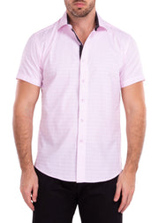 Diamond Texture Solid Pink Button Up Short Sleeve Dress Shirt