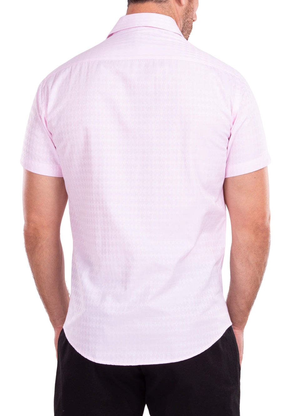 Diamond Texture Solid Pink Button Up Short Sleeve Dress Shirt