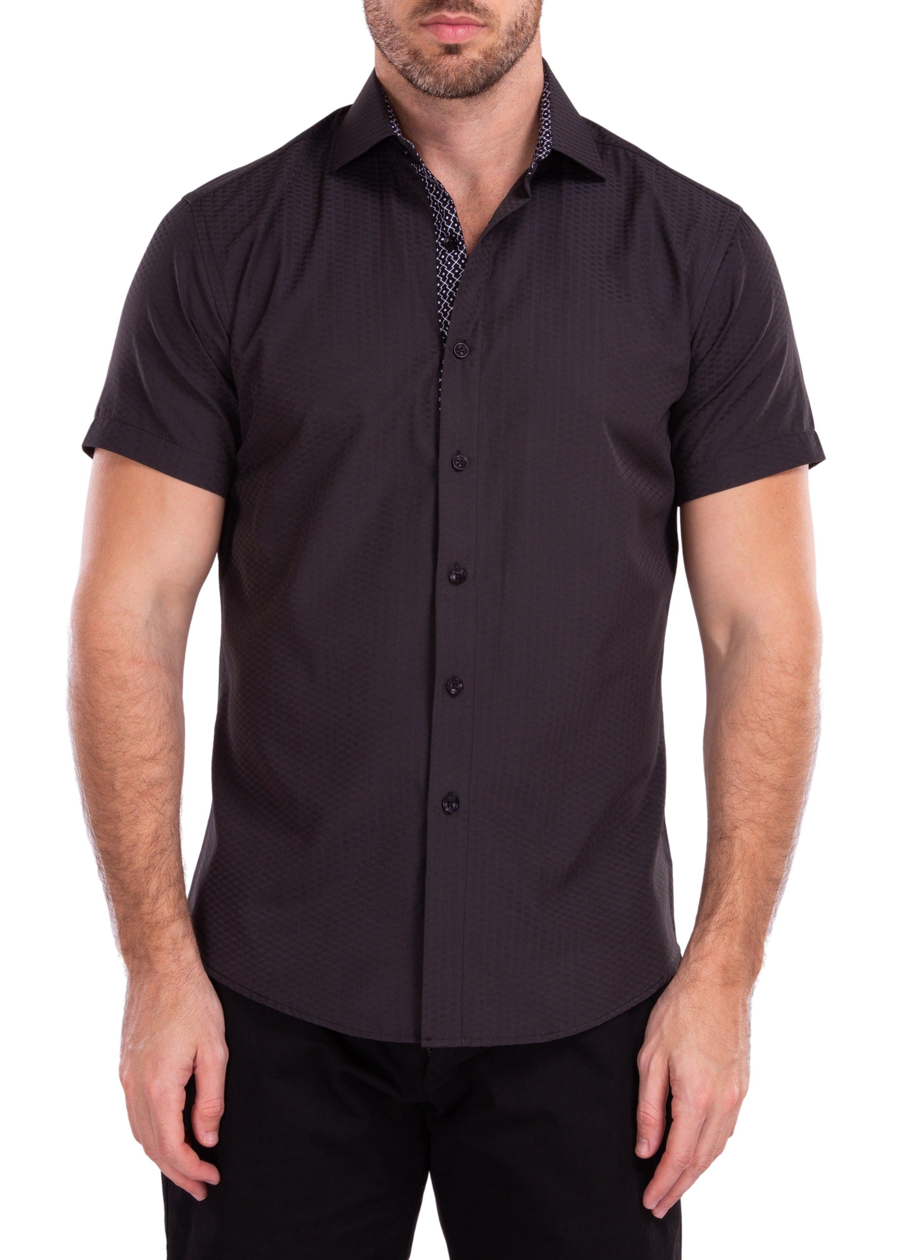 Geometric Texture Solid Black Short Sleeve Dress Shirt– BESPOKE MODA