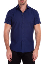 Geometric Texture Solid Navy Button Up Short Sleeve Dress Shirt