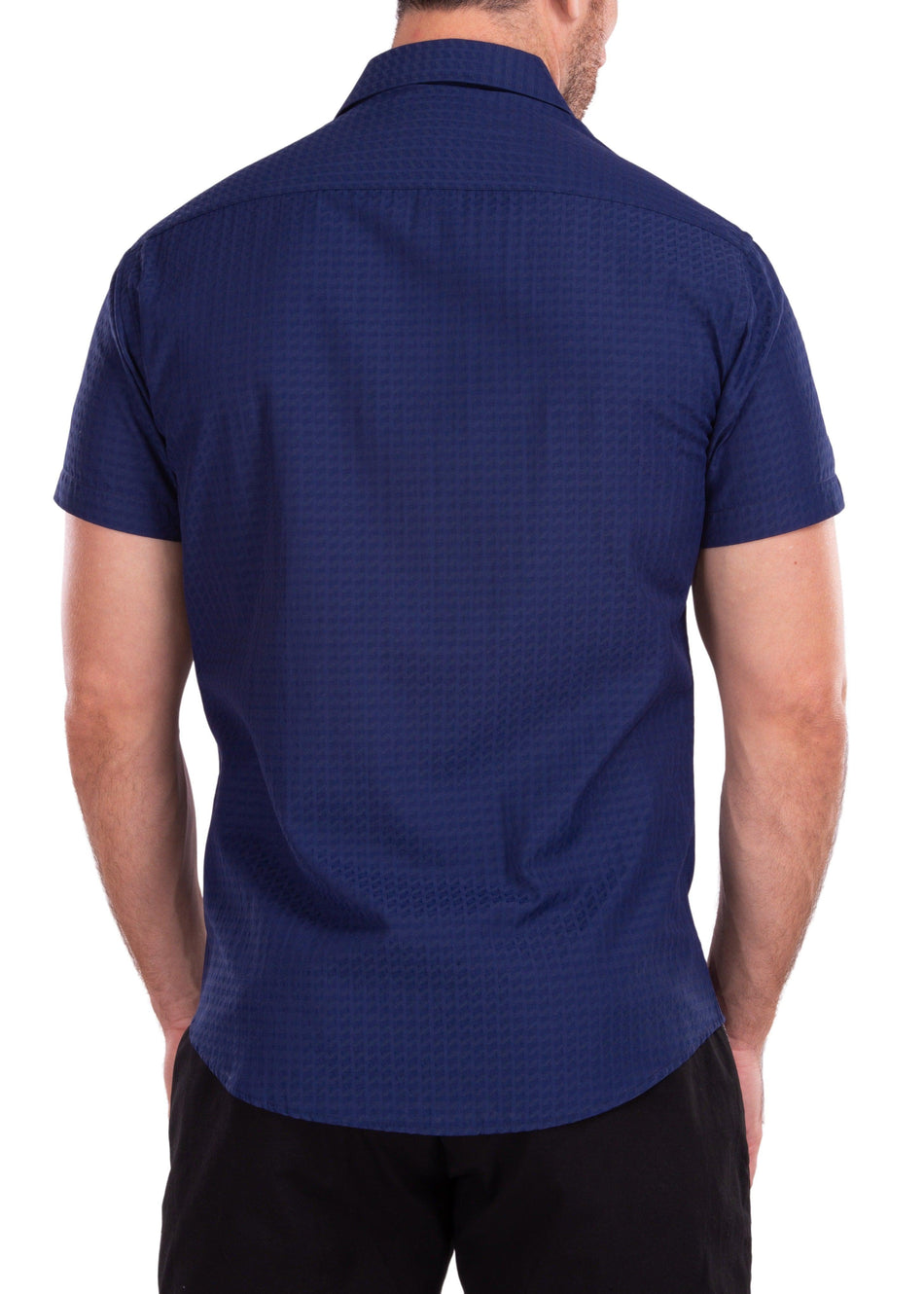 Geometric Texture Solid Navy Button Up Short Sleeve Dress Shirt