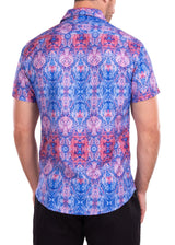 Psychedelic Kaleidoscope Print Blue Button Up Short Sleeve Dress Shirt
