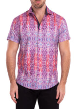 Psychedelic Kaleidoscope Boho Print Red Button Up Short Sleeve Dress Shirt