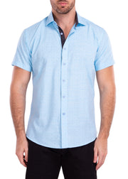 Stitched Linen Texture Solid Blue Button Up Short Sleeve Dress Shirt