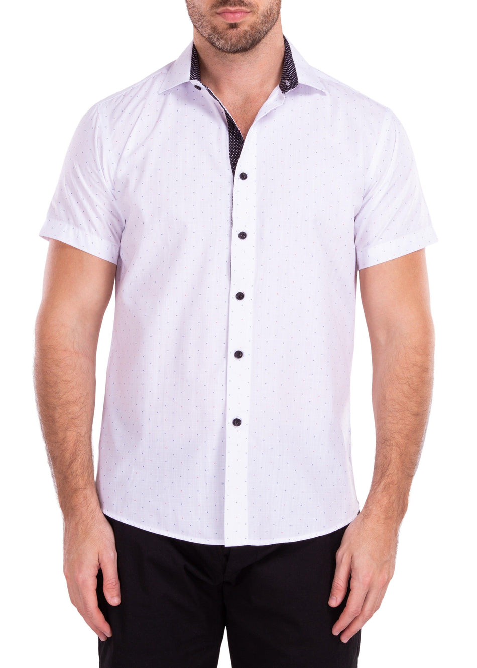 Stitched Linen Texture White Button Up Short Sleeve Dress Shirt