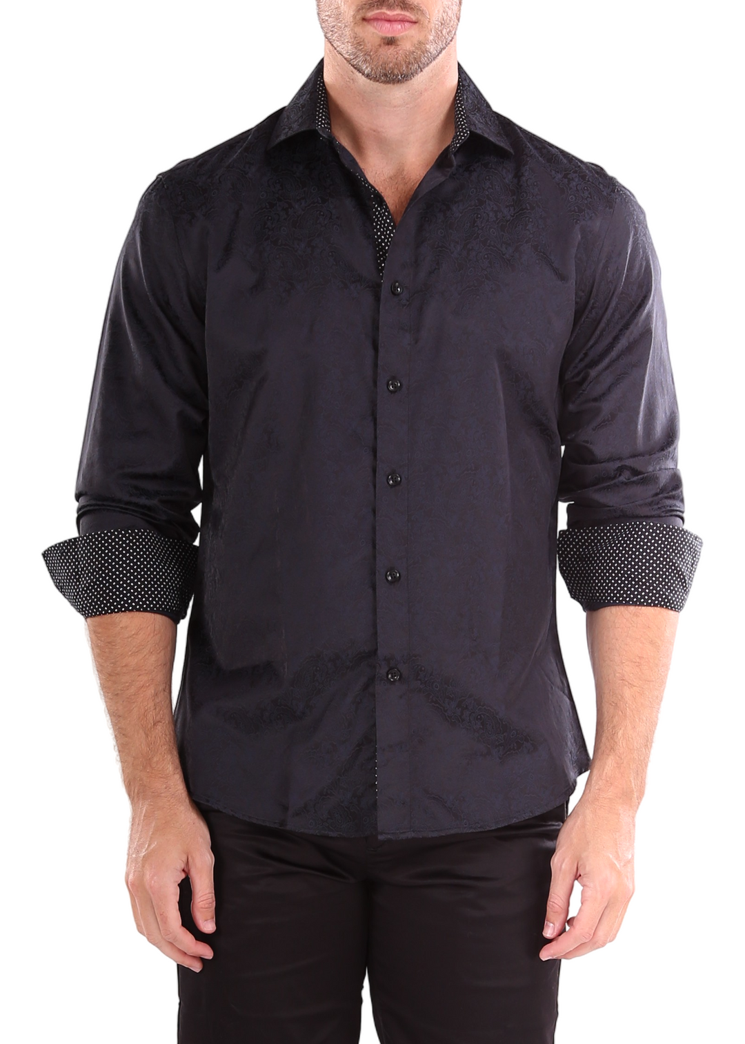 Paisley Texture Solid Black Button Up Men'sLong Sleeve Dress Shirt by Bespoke Moda Paisley Texture Solid Black Button Up Men'sLong Sleeve Dress Shirt by Bespoke Moda