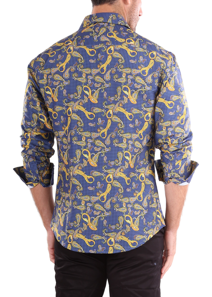 Paisley On Gingham Long Sleeve Dress Shirt Navy