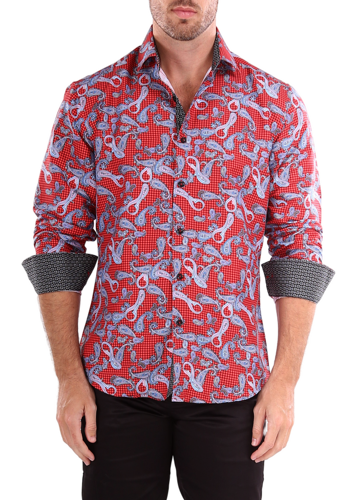 Paisley On Gingham Long Sleeve Dress Shirt Red by BESPOKE MODA