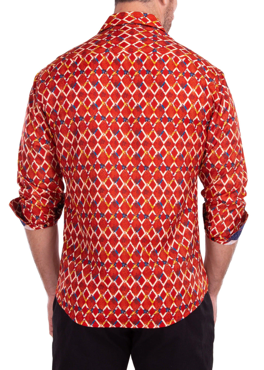 Lattice Pattern Floral Accent Long Sleeve Button Up Dress Shirt Red