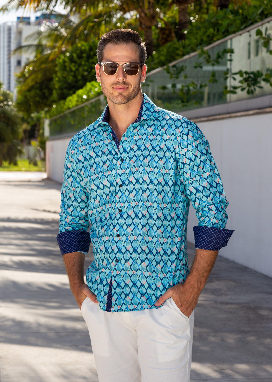 Lattice Pattern Floral Print Long Sleeve Button Up Dress Shirt TURQUOISE / LG Lattice Pattern Floral Print Long Sleeve Button Up Dress Shirt TURQUOISE / LG