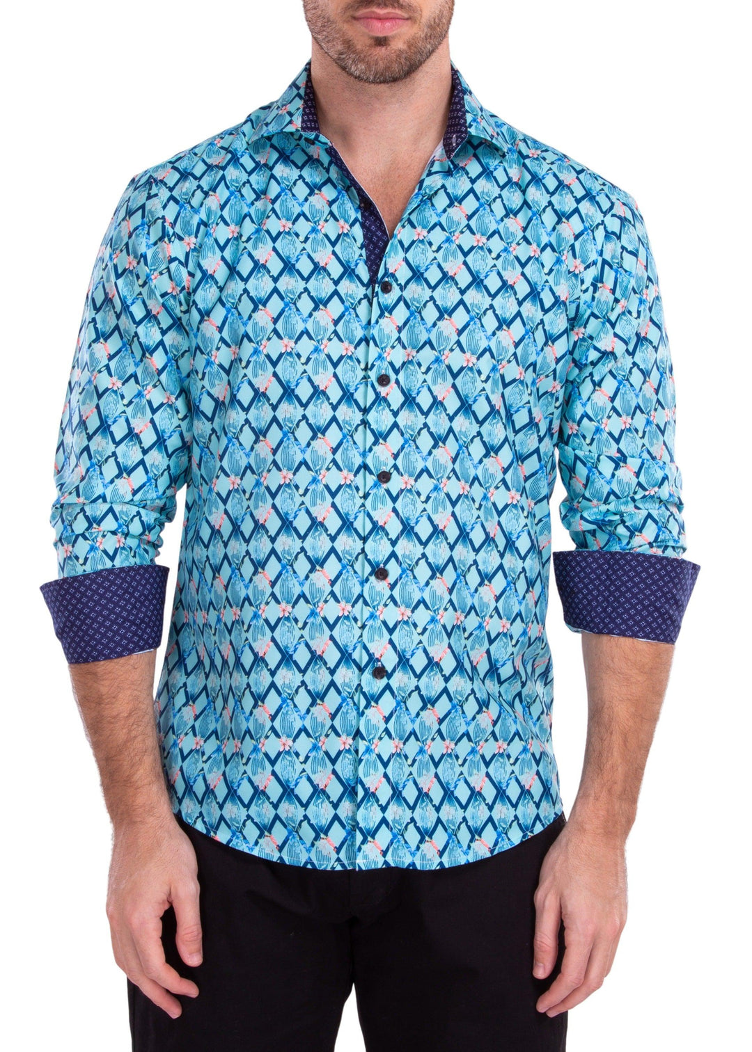 Lattice Pattern Floral Print Long Sleeve Button Up Dress Shirt TURQUOISE / LG Lattice Pattern Floral Print Long Sleeve Button Up Dress Shirt TURQUOISE / LG