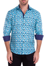 Lattice Pattern Floral Print Long Sleeve Button Up Dress Shirt