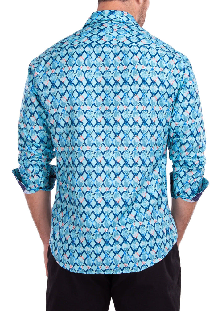 Lattice Pattern Floral Print Long Sleeve Button Up Dress Shirt