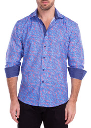 Geometric Dot Print Blue Long Sleeve Button Up Dress Shirt