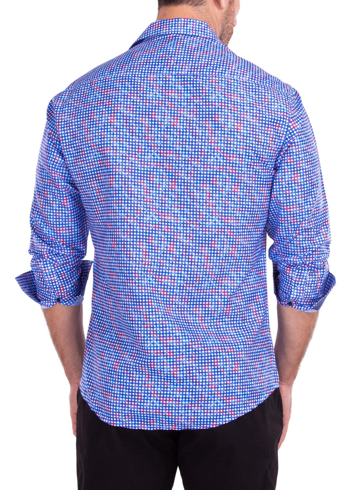 Geometric Dot Print Blue Long Sleeve Button Up Dress Shirt