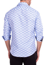 Gradient Wave Print Blue Long Sleeve Button Up Dress Shirt