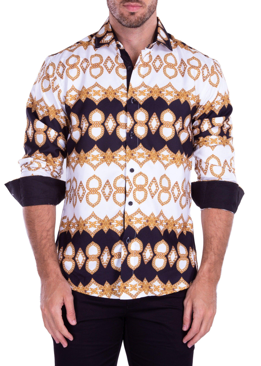Decorative Chain Print Long Sleeve Dress Shirt White