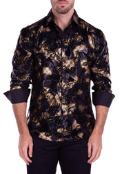 Velvet Paisley Metallic Geo Pattern Long Sleeve Dress Shirt Black