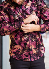 Velvet Paisley Metallic Geo Pattern Long Sleeve Dress Shirt Burgundy