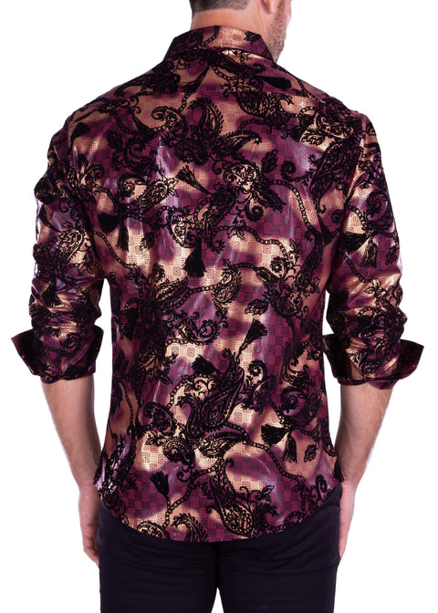 Velvet Paisley Metallic Geo Pattern Long Sleeve Dress Shirt Burgundy