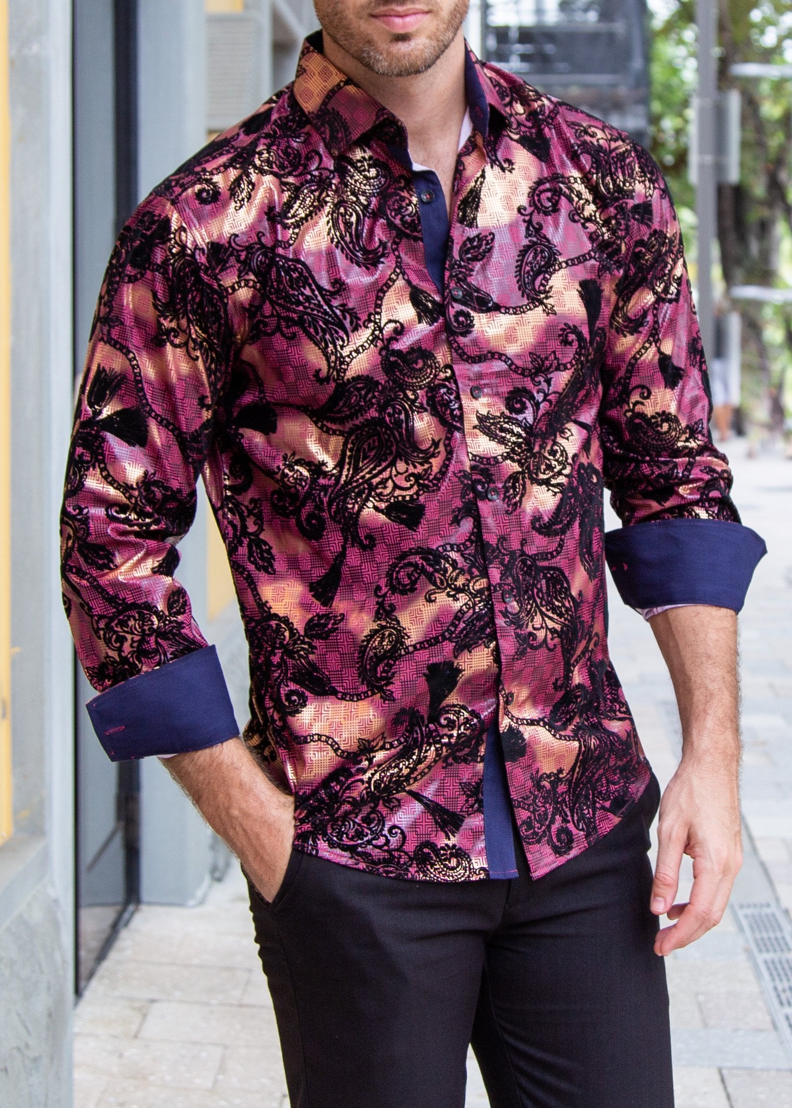 Velvet Paisley Metallic Geo Pattern Long Sleeve Dress Shirt