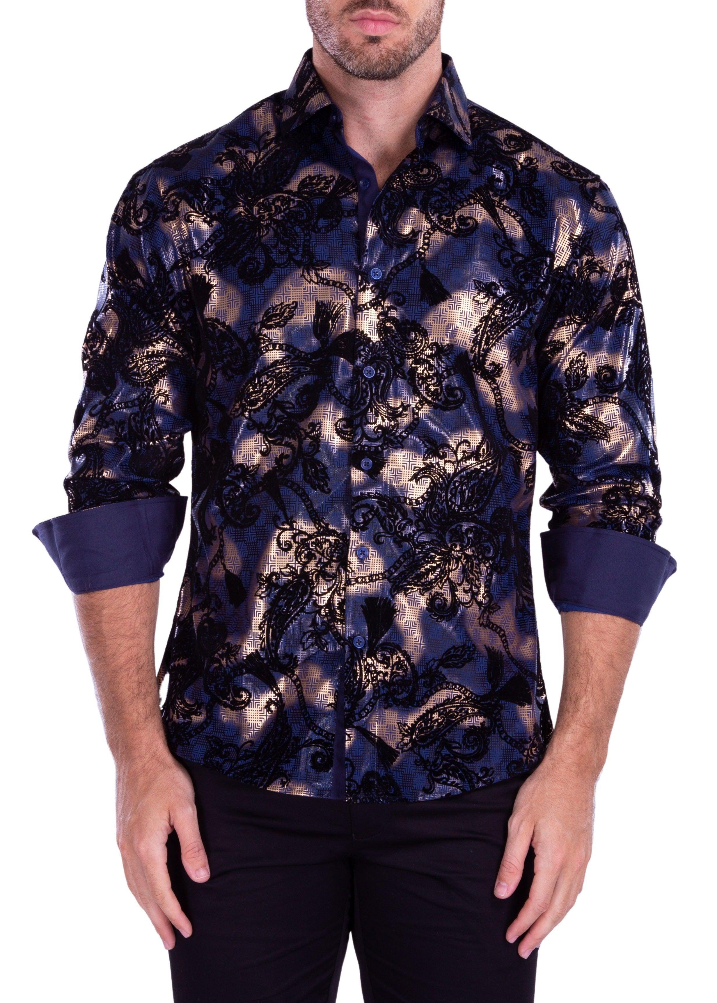 Velvet Paisley Metallic Geo Pattern Long Sleeve Dress Shirt Navy