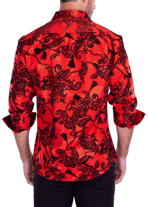 Paisley Velvet Metallic Windowpane Long Sleeve Dress Shirt Red