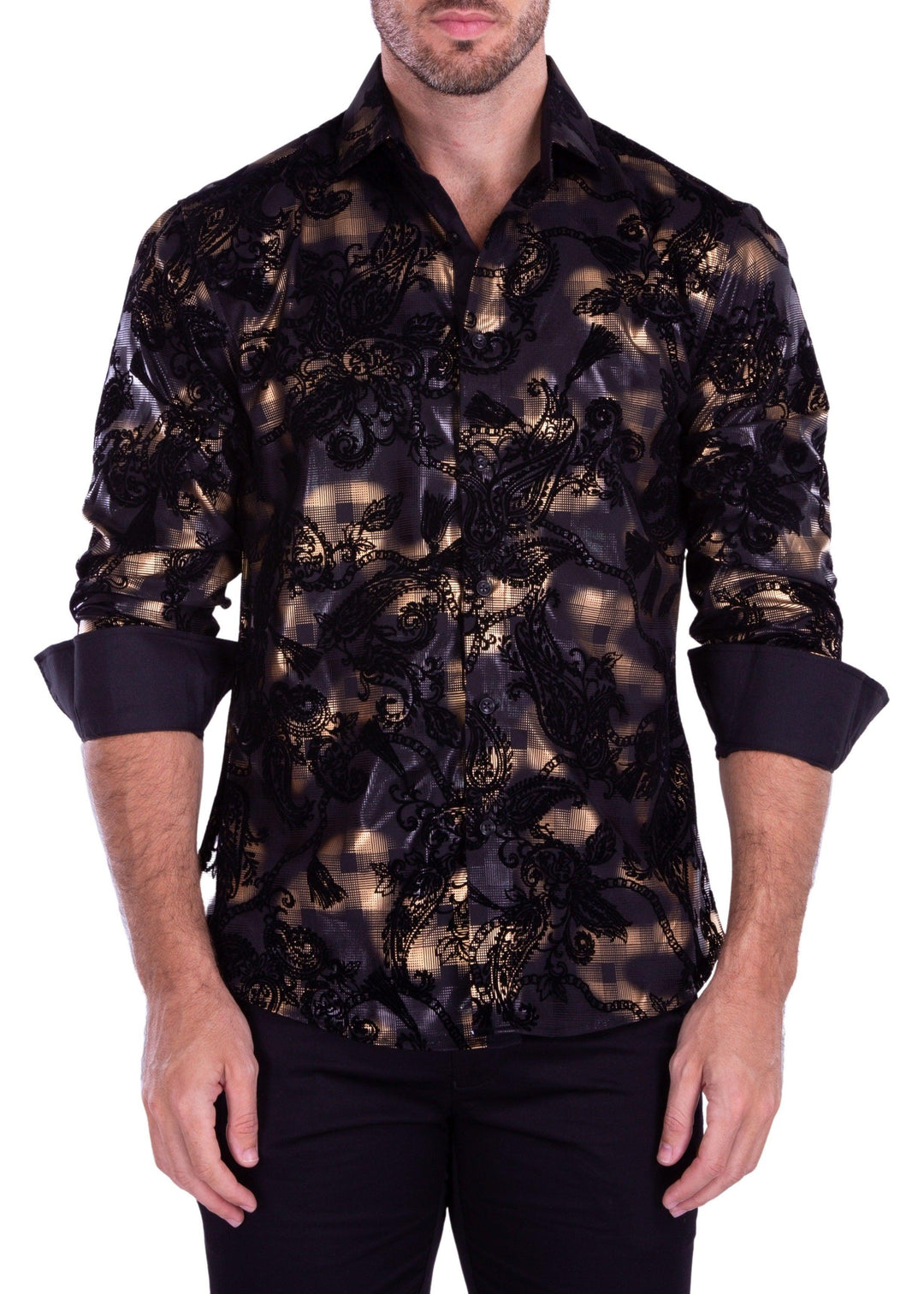 Velvet Paisley On Metallic Plaid Long Sleeve Dress Shirt Black Black / LG