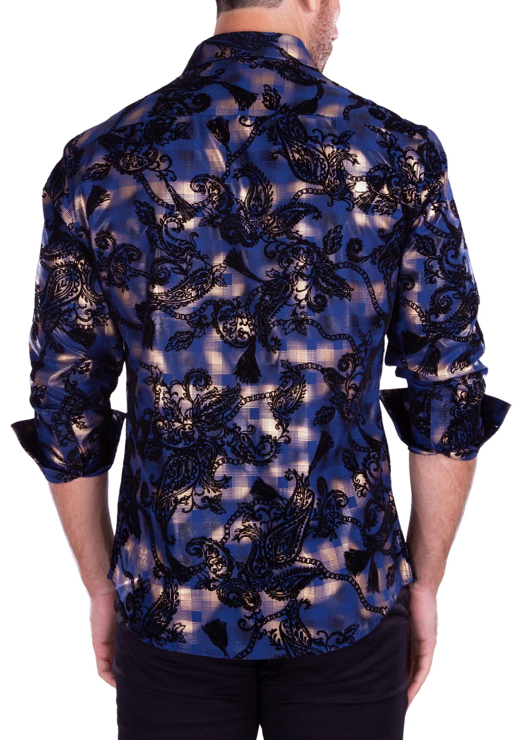 Velvet Paisley On Metallic Plaid Long Sleeve Dress Shirt Royal Blue Royal / XL Velvet Paisley On Metallic Plaid Long Sleeve Dress Shirt Royal Blue Royal / XL