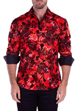 Velvet Paisley Metallic Retro Pattern Long Sleeve Dress Shirt Red