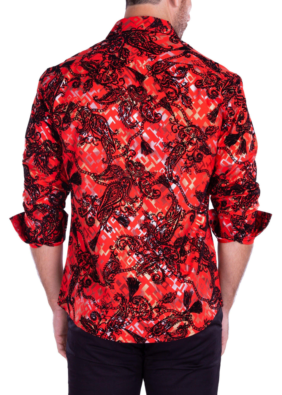 Velvet Paisley Metallic Retro Pattern Long Sleeve Dress Shirt Red