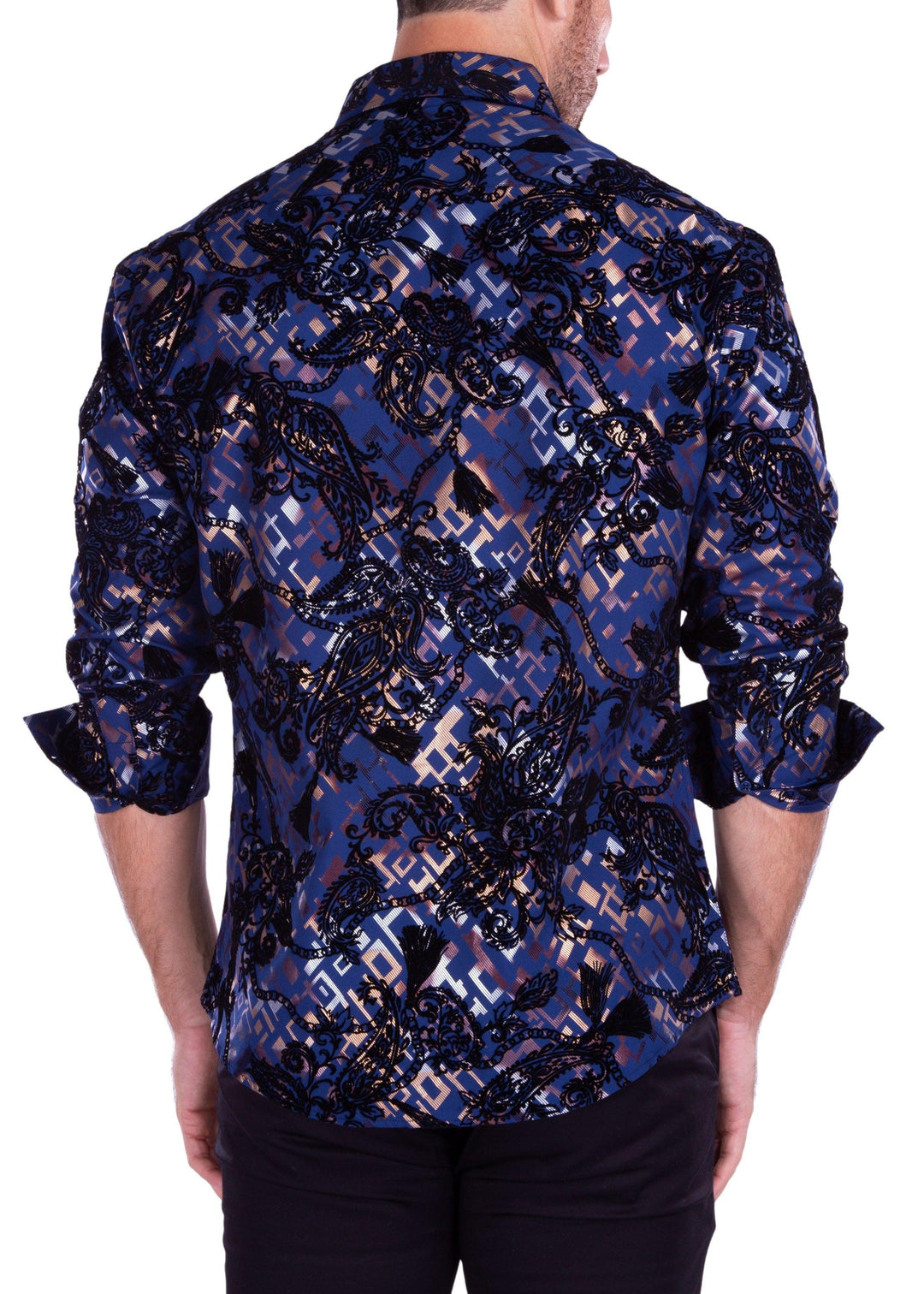 Velvet Paisley Metallic Retro Pattern Long Sleeve Dress Shirt Royal Blue by BESPOKE MODA Velvet Paisley Metallic Retro Pattern Long Sleeve Dress Shirt Royal Blue by BESPOKE MODA
