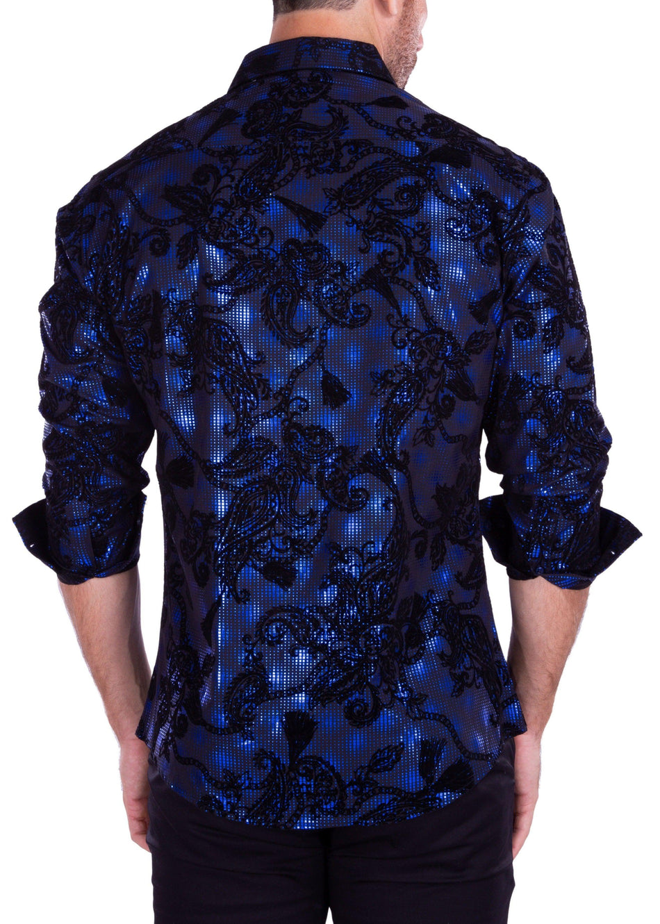 Metallic Halftone Velvet Paisley Long Sleeve Dress Shirt Blue