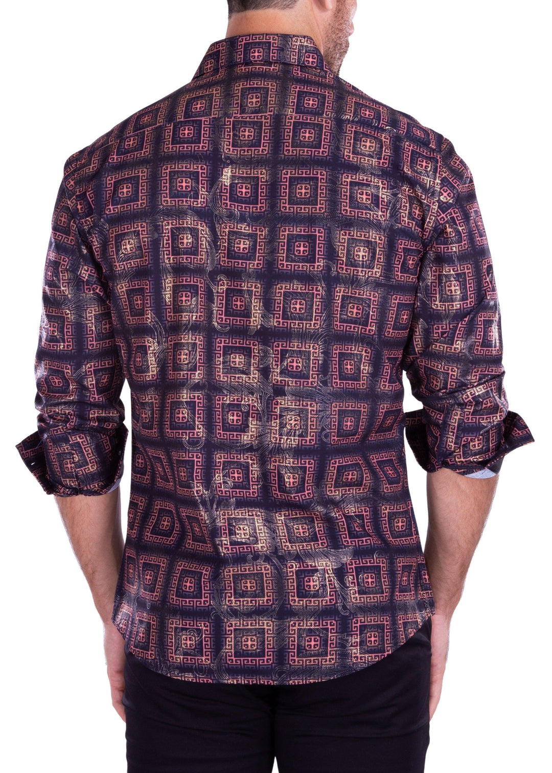 Egyptian Print Metallic Long Sleeve Dress Shirt Black