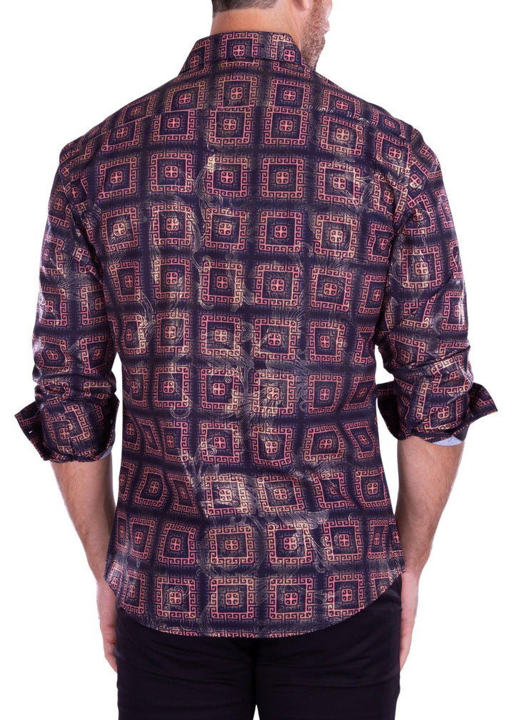 Egyptian Print Metallic Long Sleeve Dress Shirt Black