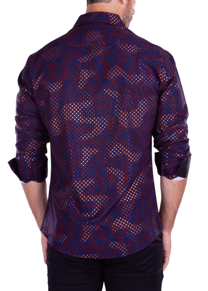 Baroque Pattern Metallic Windowpane Long Sleeve Dress Shirt Navy