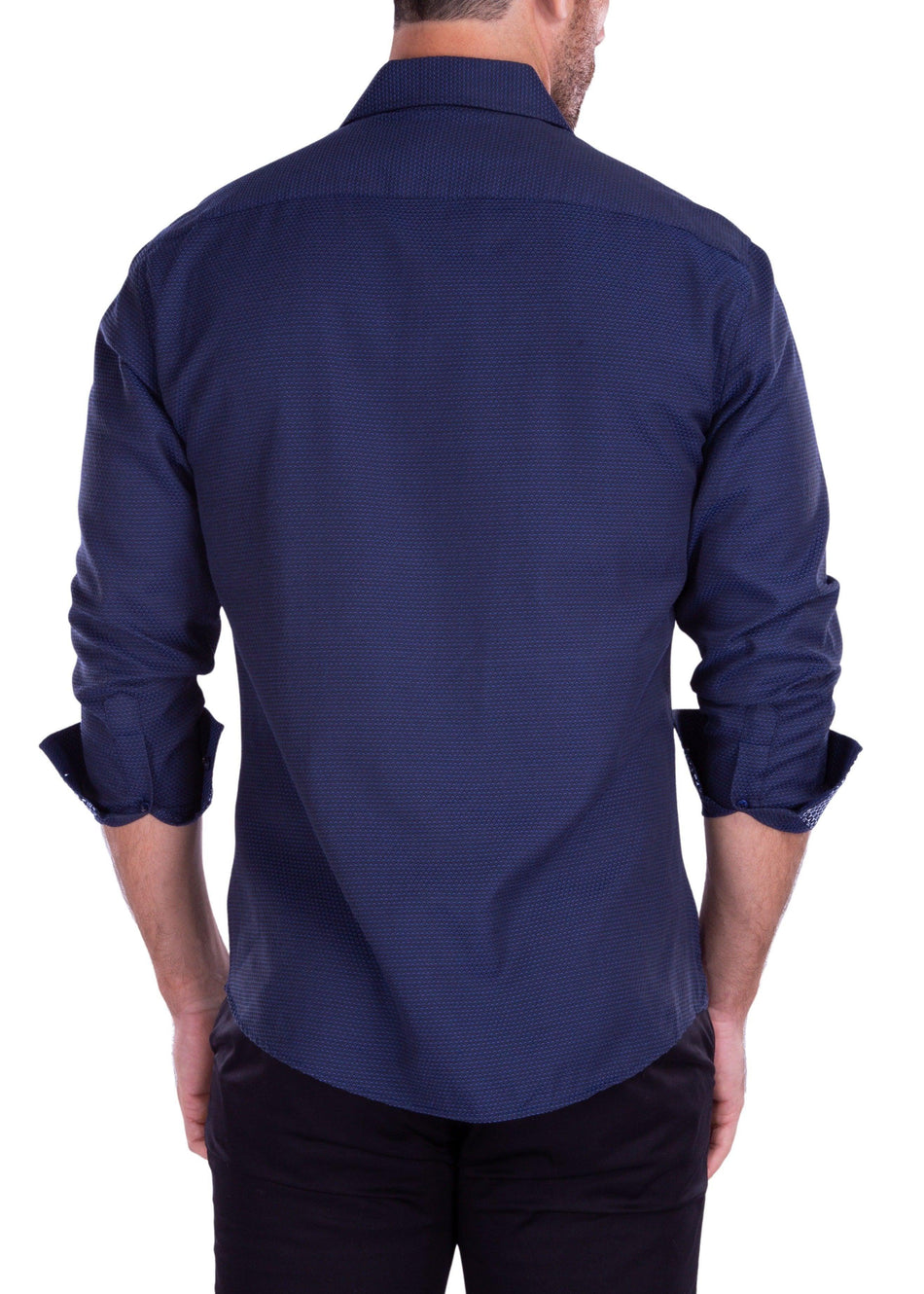 Mesh Effect Microprint Long Sleeve Dress Shirt Navy